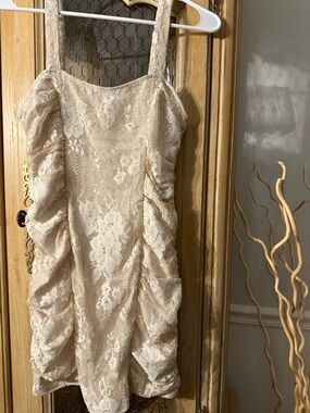 Majorelle Lace Ruched Mini Dress in Cream